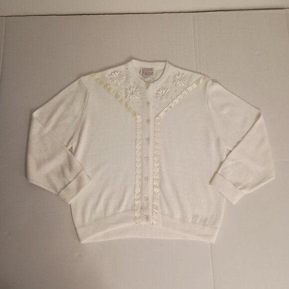 Ste Laurent Vintage White Embellished Crop 3/4 Sleeve Cardigan Sweater Women’s - Picture 15 of 16